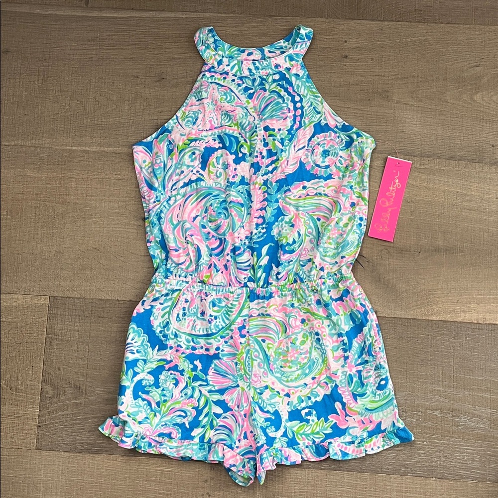 NWT Lilly Pulitzer Girls Brienne Romper in Multi Dream Team Print. Size Large